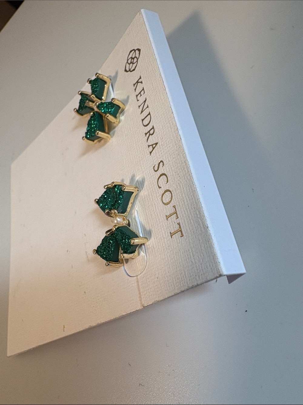 NWOT [Kendra Scott] Blair Bow Stud Sparkle Earrings, Gold/Emerald (Green) Drusy - Picture 7 of 9